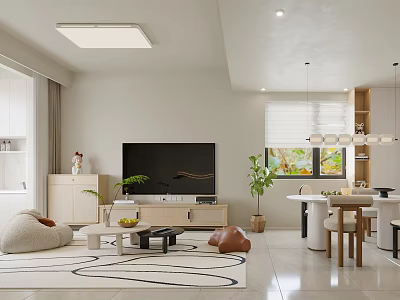Modern Living Dining Room Interior With Sofa Coffee Table TV Unit Dining Table And Plants 3d model