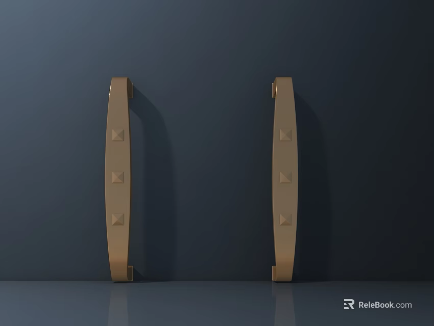 Golden Door Handles With Riveted Details Against Dark Background Showing Bottom Reflection 3d model 