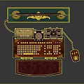 Vintage Wooden Framed Monitor Workstation With Red Typewriter Keyboard Gold Accents And Cartoon Mouse