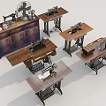 Vintage Household Sewing Machines on Wooden Tables for Home Decor Collection 3d model