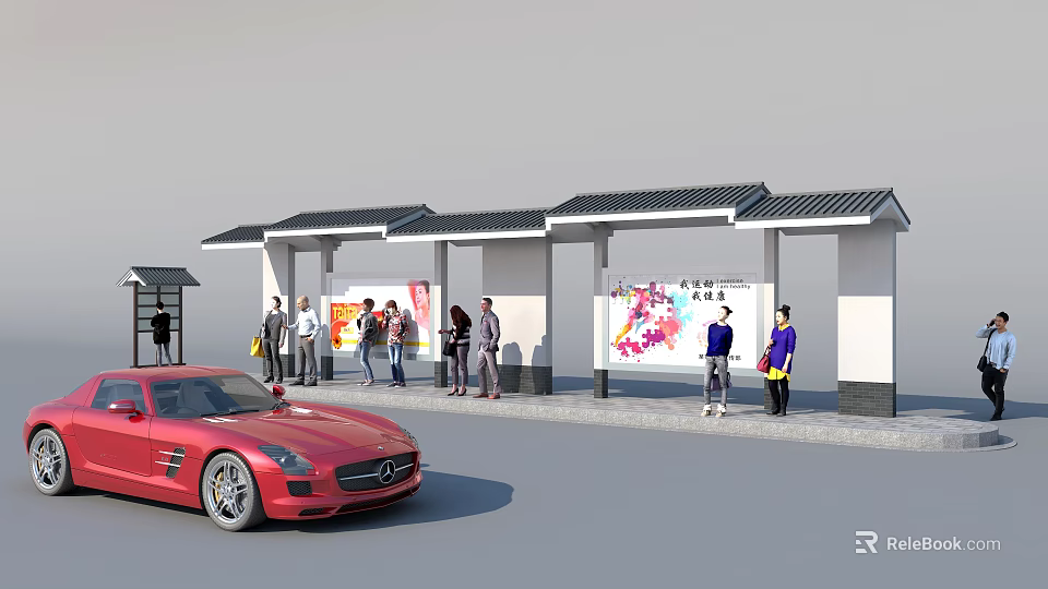 Red Mercedes Benz Sports Car Parked Near Roofed Bus Stop With People And Billboards 3d model 