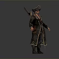 Pirate Character Wearing Tricorn Hat Carrying Musket And Long Coat