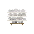 Elegant Dinnerware Set With Plates Cups Bowls Metal Pitchers And Trays On Shelves