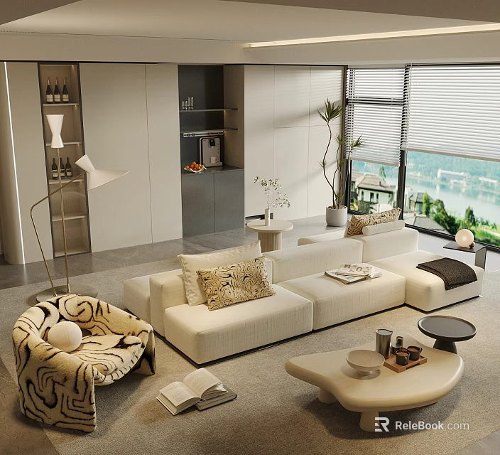 Modern White Sofa and Coffee Table Set with Decorative Pillows Floor Lamp and Scenic View 3d model 