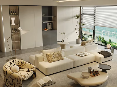 Modern White Sofa and Coffee Table Set with Decorative Pillows Floor Lamp and Scenic View 3d model