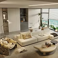 Modern White Sofa and Coffee Table Set with Decorative Pillows Floor Lamp and Scenic View