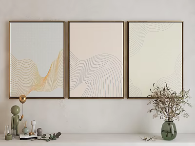 Three Abstract Paintings with Golden Frames and Wavy Lines Hung on Wall with Decorative Shelf 3d model