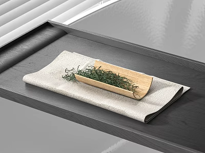 Stylish Tea Set Placed on Wooden Tray with Green Plants on Grey Countertop Near White Blinds 3d model