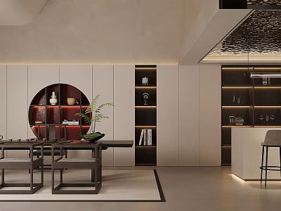 Modern Chinese Lounge Interior With Circular Cabinet And Green Plants 3d model