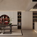 Modern Chinese Lounge Interior With Circular Cabinet And Green Plants