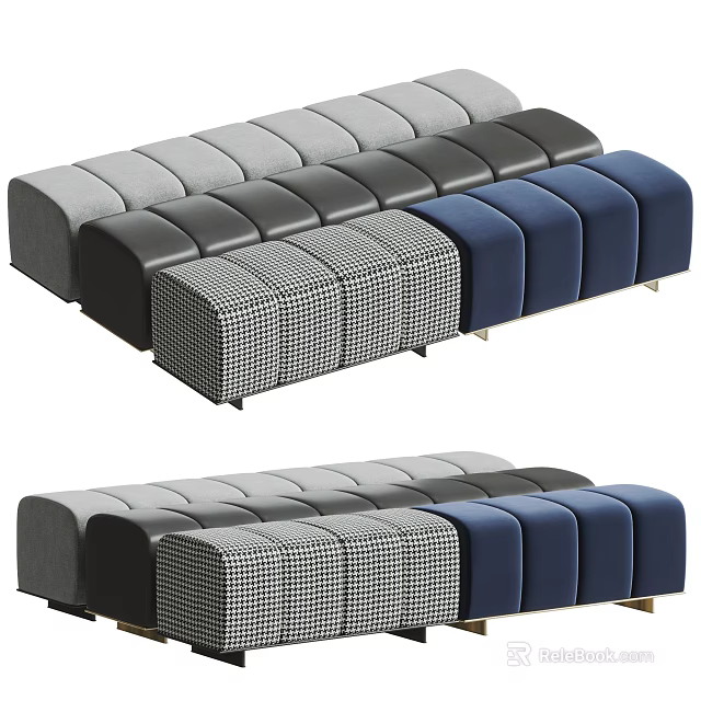 Modern Upholstered Bench Seats With Gray Black Blue Plaid Fabric Designs 3d model 