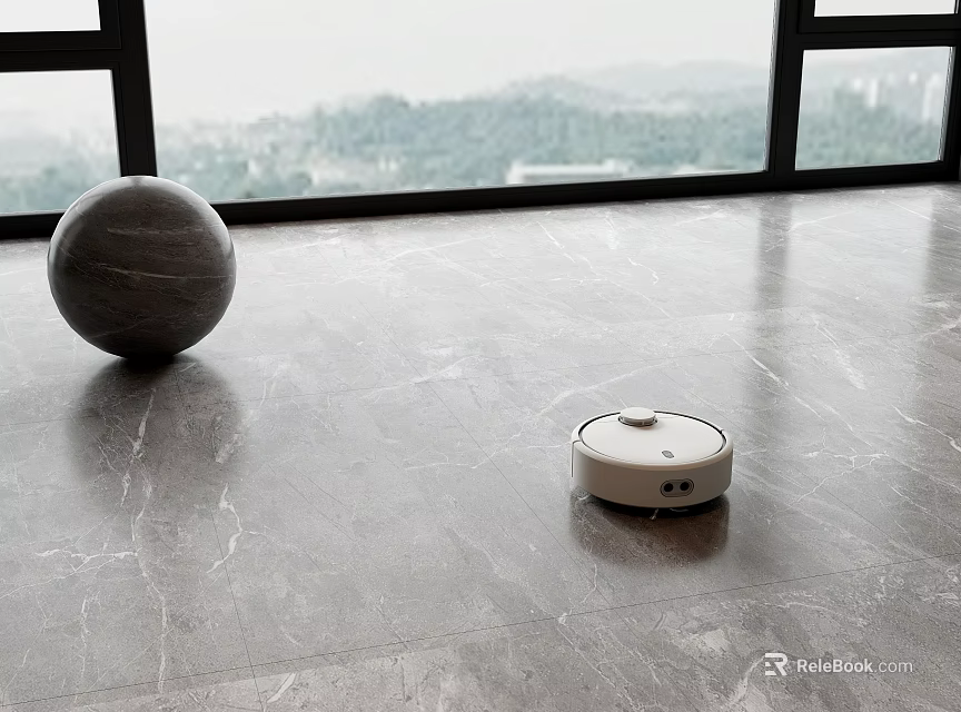 Modern Interior With Marble Floor Tiles Robotic Vacuum Cleaner Decorative Sphere And Large Windows 3d model 