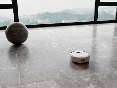 Modern Interior With Marble Floor Tiles Robotic Vacuum Cleaner Decorative Sphere And Large Windows 3d model