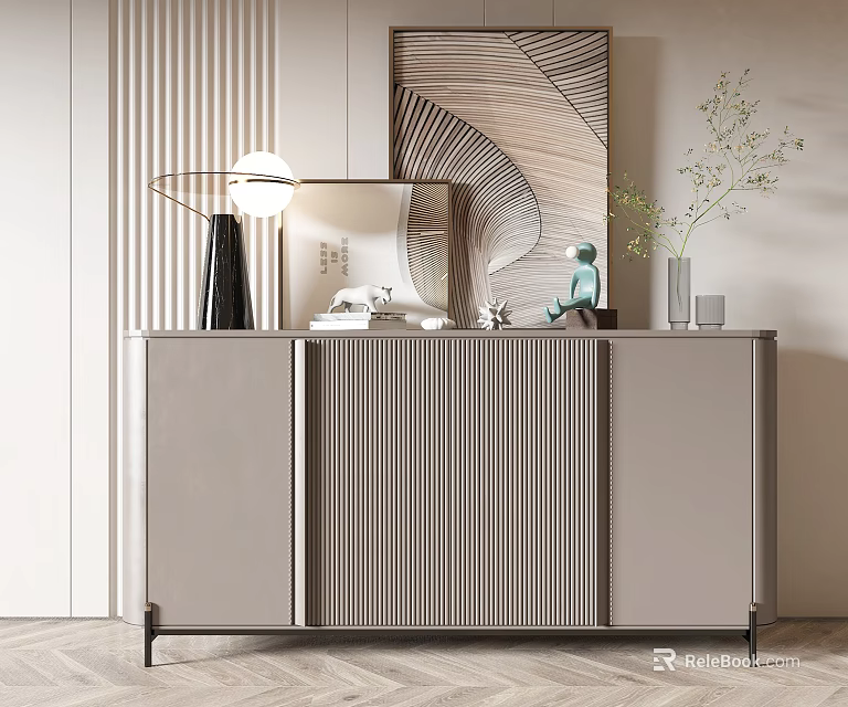 Modern Elegant Entryway Console Cabinet With Vertical Slat Design And Decorative Lamp Mirror Plant 3d model 