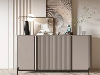 Modern Elegant Entryway Console Cabinet With Vertical Slat Design And Decorative Lamp Mirror Plant 3d model