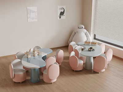 Kids Table with Pink Chairs Blue Legs Round Design for Playroom 3d model