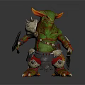 Fantasy Green Creature Character with Orange Horns Green Skin Holding Axe Wearing Armor
