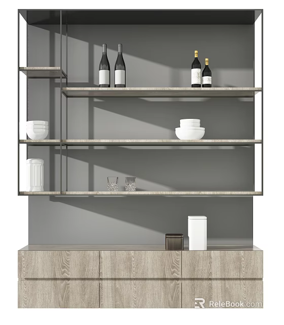 Modern Wooden Decorative Cabinet With Multiple Shelves Wine Bottles White Bowls And Glasses 3d model 