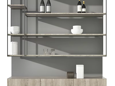 Modern Wooden Decorative Cabinet With Multiple Shelves Wine Bottles White Bowls And Glasses 3d model