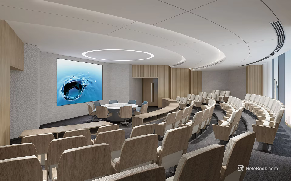 Modern Conference Room Design With Large Screen Wooden Elements And Round Table 3d model 