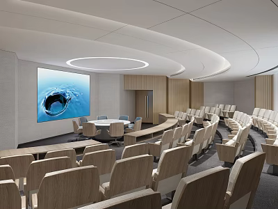 Modern Conference Room Design With Large Screen Wooden Elements And Round Table 3d model