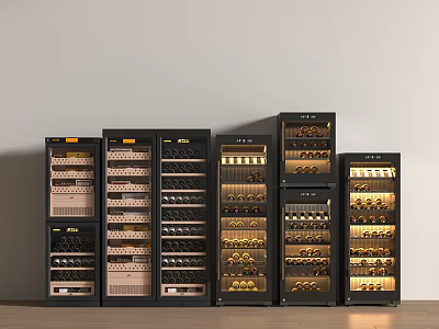 Various Styles Black And Brown Wine Cabinets With Glass Doors Layered Racks And Wine Bottles 3d model