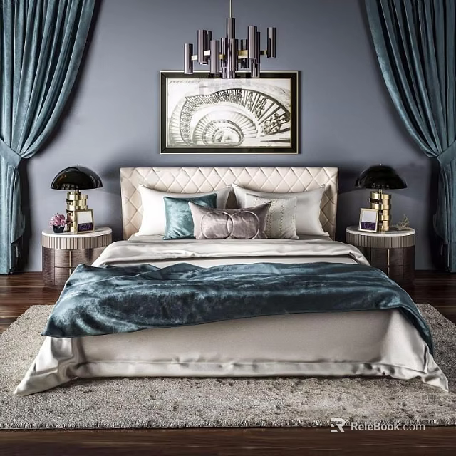 Elegant Double Bed With Soft Headboard Decorative Painting Bedside Lamps And Blue Curtains 3d model 
