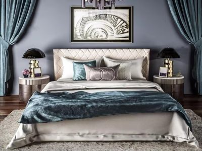Elegant Double Bed With Soft Headboard Decorative Painting Bedside Lamps And Blue Curtains 3d model