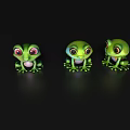 Three Adorable Green Frog Toys With Large Eyes On Black Background