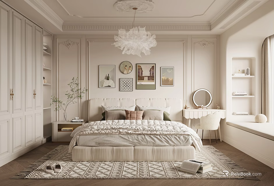 Elegant Classic Bedroom Interior Design With Chandelier Decorative Paintings And Patterned Rug 3d model 