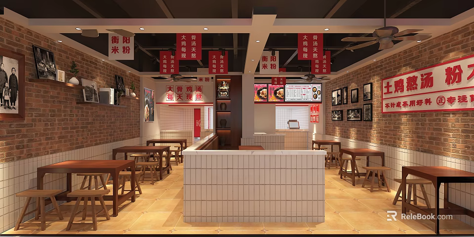 Traditional Chinese Restaurant Interior With Red White Banners Brick Walls Wooden Tables And Menu Board 3d model 