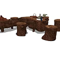 Handcrafted Root Carving Tea Table with Natural Wood Texture and Matching Stools 3d model