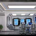 Modern Control Room with Blue Digital Screens Workstations and Glowing Lights