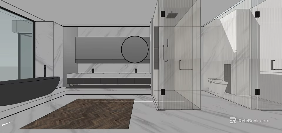 Modern Bathroom Interior With Marble Walls Double Vanity Round Mirror Glass Shower And Wooden Rug 3d model 