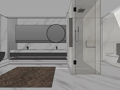 Modern Bathroom Interior With Marble Walls Double Vanity Round Mirror Glass Shower And Wooden Rug 3d model