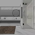Modern Bathroom Interior With Marble Walls Double Vanity Round Mirror Glass Shower And Wooden Rug