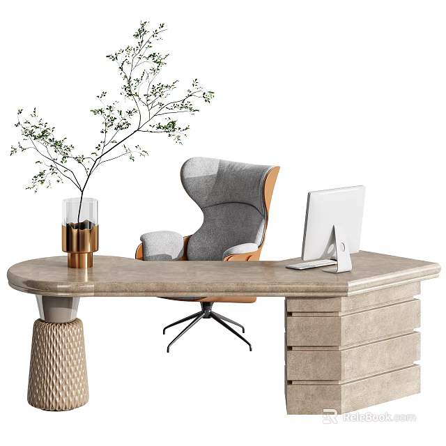 Modern Curved Office Desk With Gold Vase Green Branches Gray Chair And White Monitor 3d model 