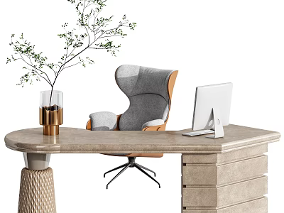 Modern Curved Office Desk With Gold Vase Green Branches Gray Chair And White Monitor 3d model
