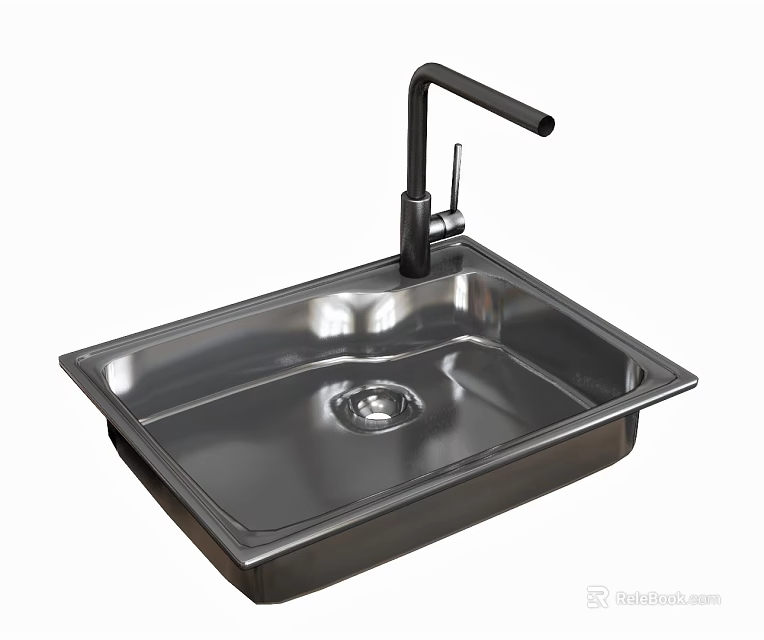 Stainless Steel Kitchen Sink Single Bowl With Black Faucet Modern Sleek Design 3d model 