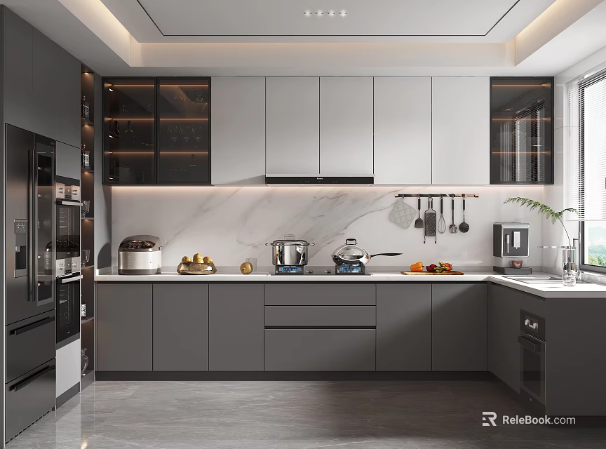 Modern Kitchen With Gray Cabinets Marble Countertop Hanging Utensils And Stainless Steel Appliances 3d model 