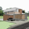 Modern Detached Villa With Red Brick Exterior Wooden Elements Black Car And Lush Trees
