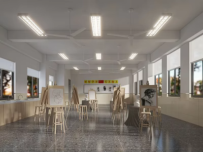 Art Classroom Setup With Easels Drawing Boards Displayed Artworks And Natural Lighting 3d model