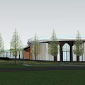 Modern Circular Architectural Design With Green Lawn Water Pool Steps And Trees