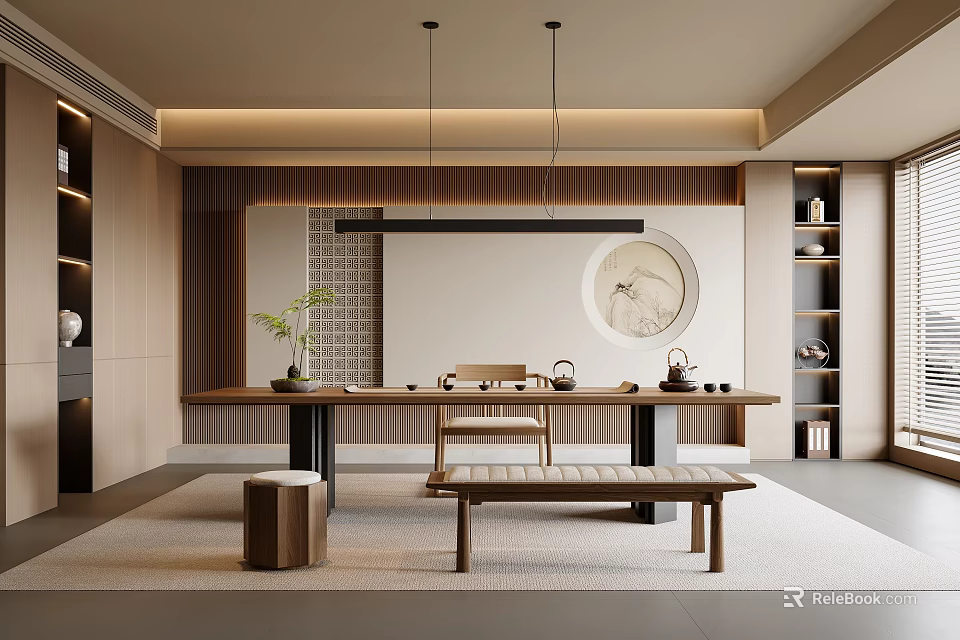 Elegant Traditional Tea Room Interior With Wooden Table Tea Sets And Hanging Lights 3d model 