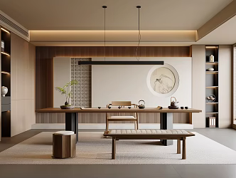 New Chinese Style Song Style Tea Room New Chinese Style Tea Room Tea Table and Chair Combination Tea Room Cabinet Decorative Cabinet Bench Large Board Table Tea Room Background Wall Tea Room Chandelier 3d model
