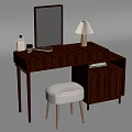 Wooden Dressing Table With Mirror Lamp Stool And Storage Drawers 3d model