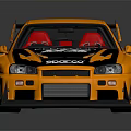 Orange Modified Race Car With TOP SECRET R34 Livery Large Rear Spoiler And Sport Wheels