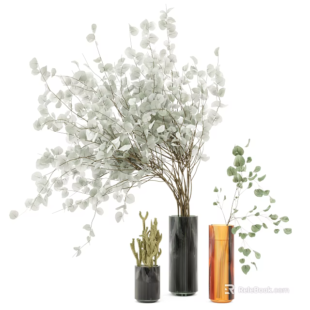 Elegant White Eucalyptus Branches In Black And Orange Vases Interior Decor 3d model