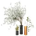 Elegant White Eucalyptus Branches In Black And Orange Vases Interior Decor 3d model