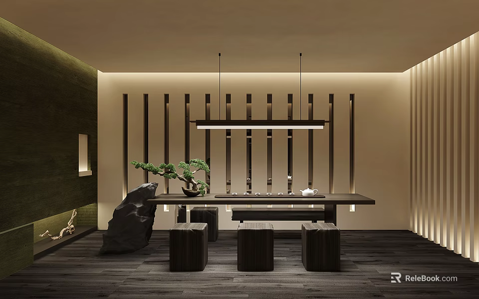 Modern Tea Room Interior With Long Table Stools Greenery And Stone 3d model